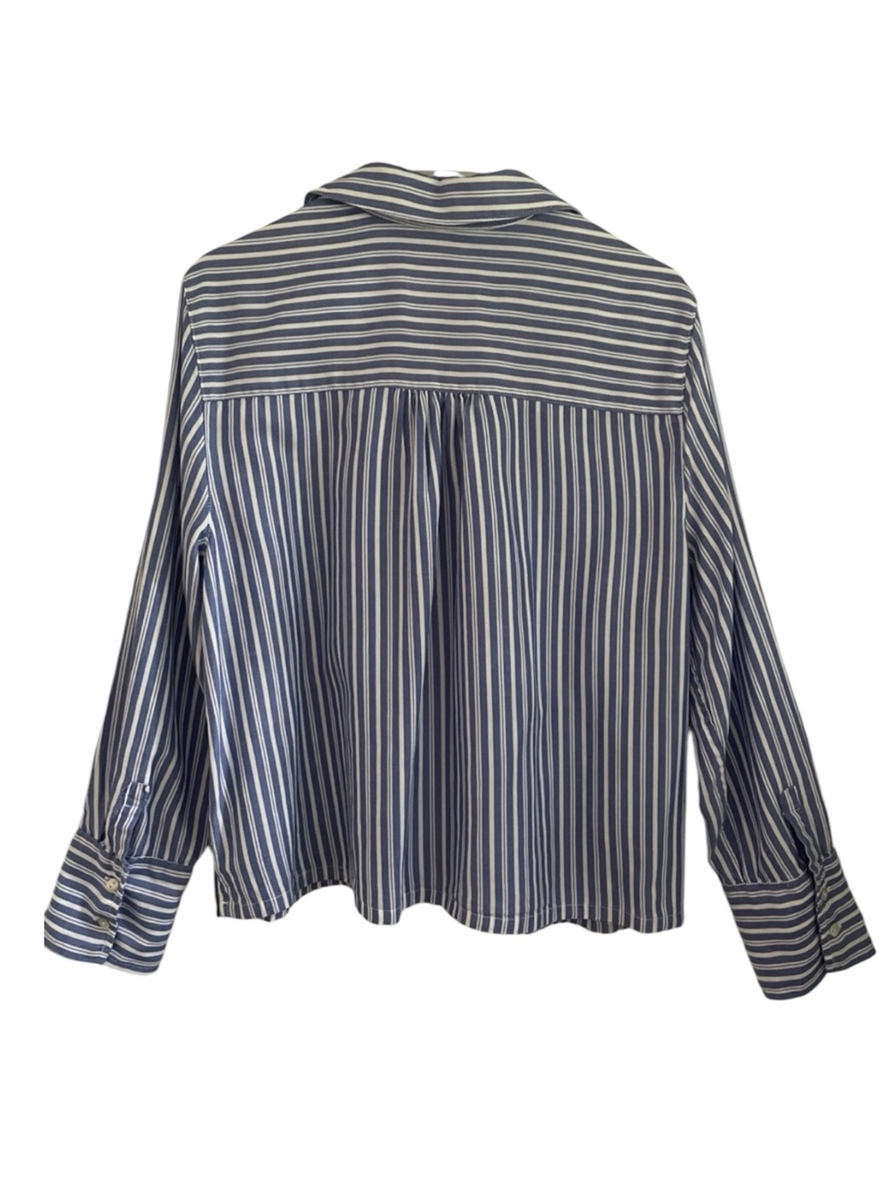 LOLA RIVER Blue-White Striped Button-Up Long-Sleeved Cropped Boxy Shirt. L - Picture 2 of 13